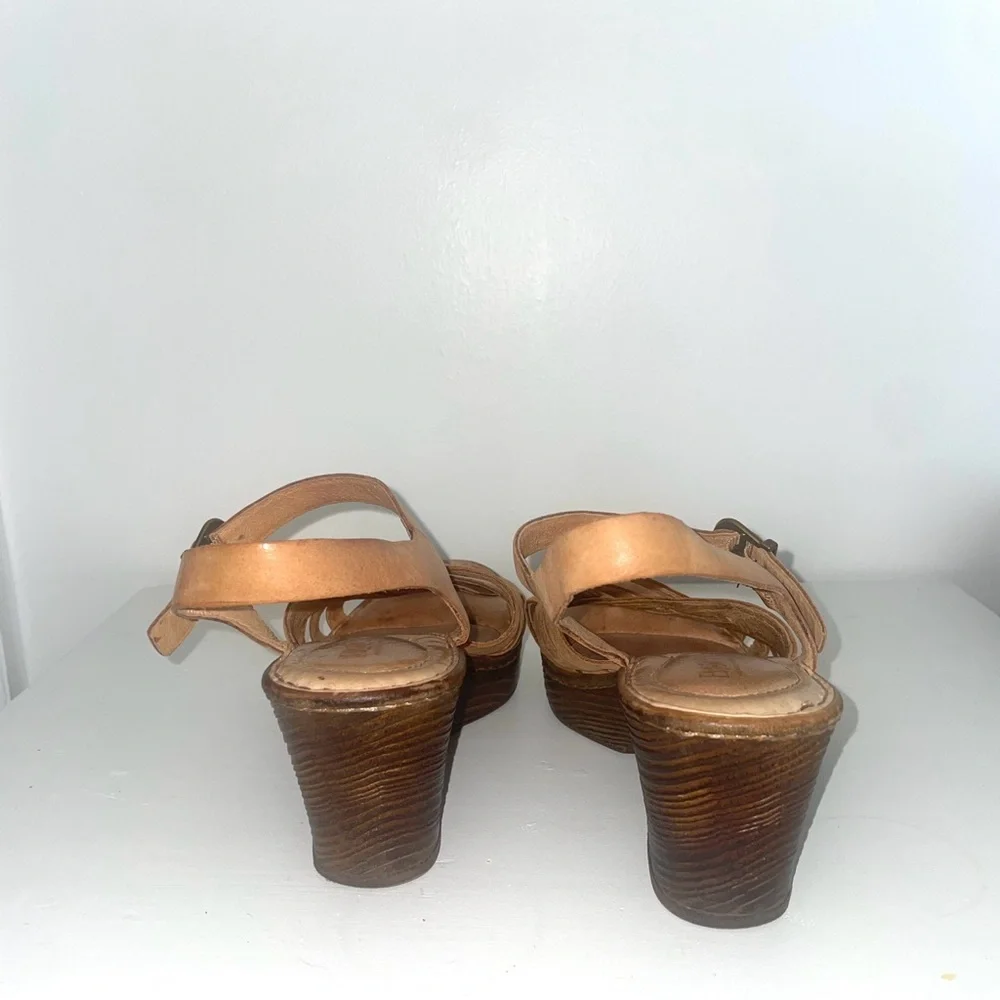 Born Tan Leather Wedge Sandals with Wood-Effect Heel